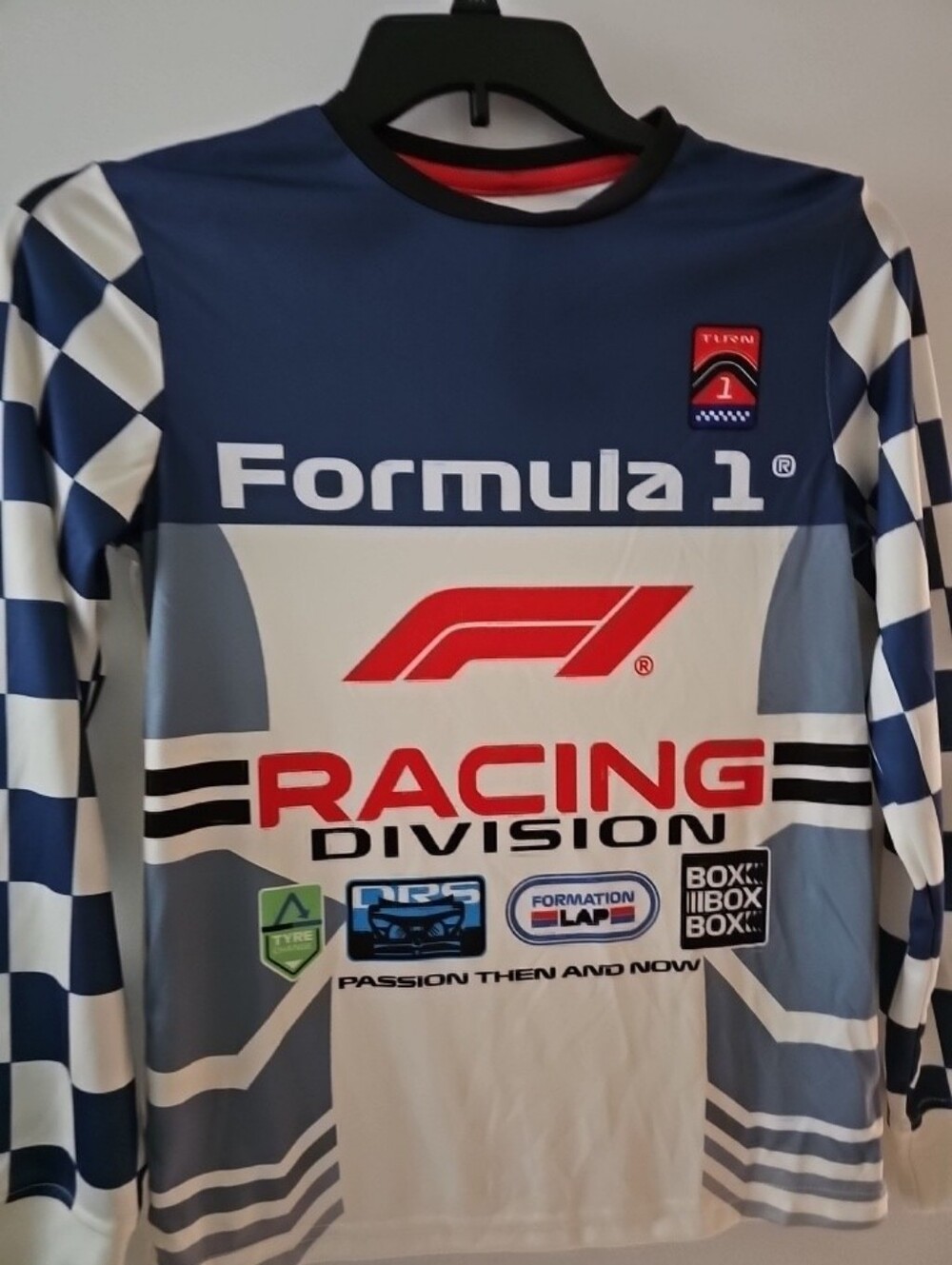 NWT Hybrid Apparel Formula 1 Racing F1 Long Sleeve Shirt L Kids Teens Blue/White